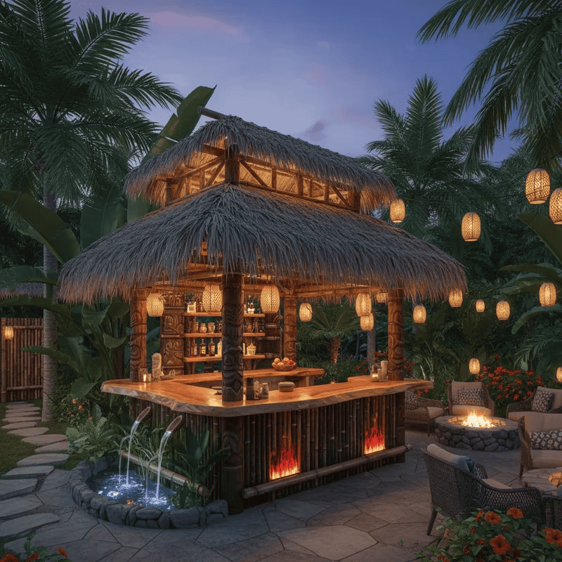 Beautiful tiki hut bar with thatched roof, perfect for outdoor entertaining in Florida.